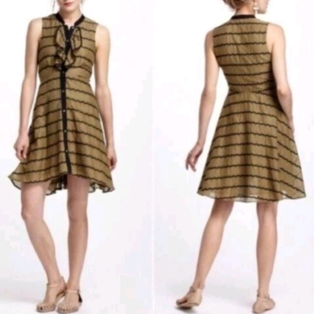 Postmark Anthropologie Women 8 Olive Green Striped Bubbled Bands Shirt Dress